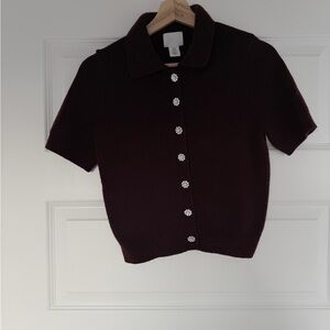 H&M Knit Short Sleeve Cardigan in Burgundy
